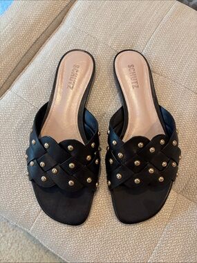 SCHUTZ Black Braided Slide Mules with Gold Studs LIKE NEW